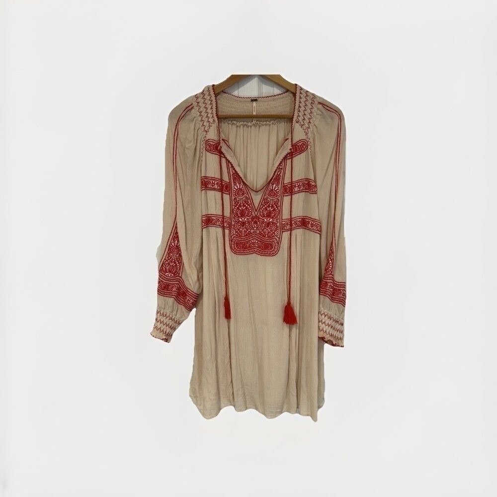 Free People Dress Mini XS Cream Ivory Red Tassel V Neck Date Night Boho Smocked